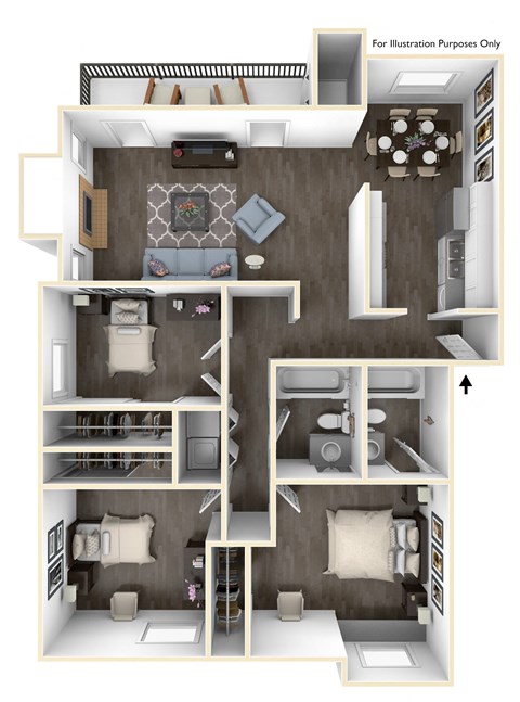 Floor plan for 3 beds, 2 baths, 1204 sqft